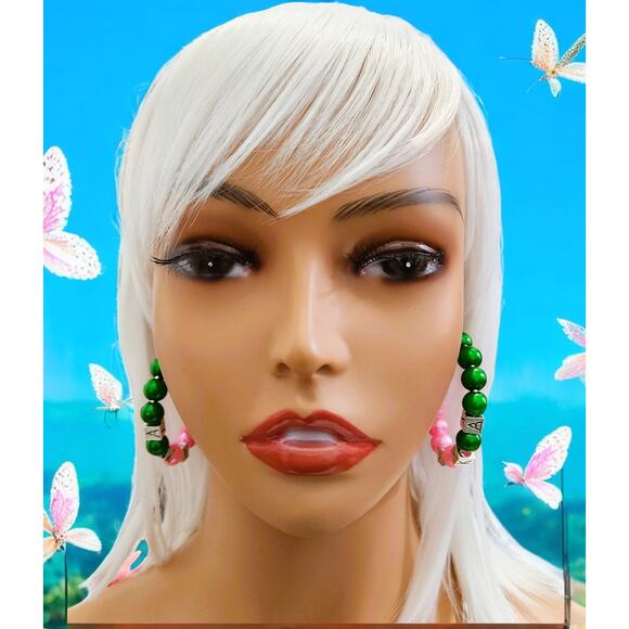 AKA Alpha Kappa Alpha Earrings Small Hoops Pink and Green - Picture 3 of 6